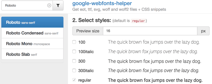 Google Webfont Helper - Step 2 - Styles wählen
